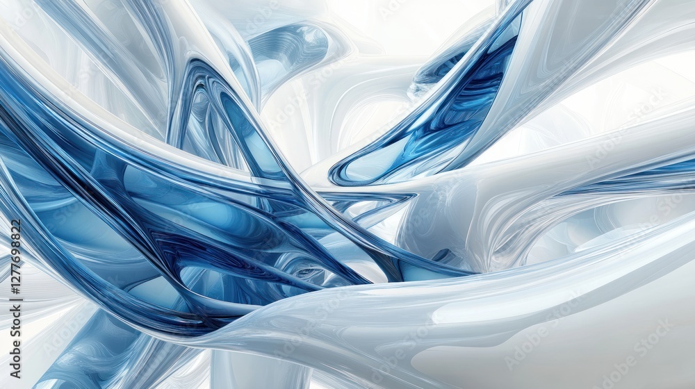 Poster an abstract composition featuring flowing blue and white shapes, creating a sense of movement and de