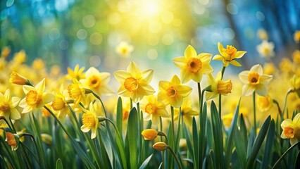 Obraz premium Vibrant Yellow Daffodils Blooming in a Sunny Spring Meadow, a Delightful Display of Nature's Beauty