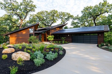 Modern Sustainable Home with Solar Panels and Lush Landscaping in a Serene Natural Setting Exterior View
