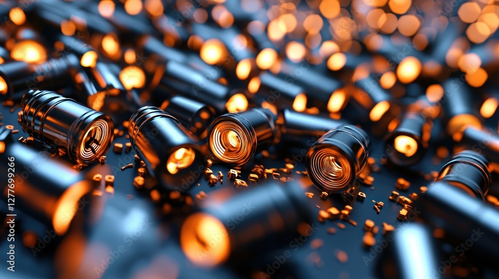 Aufkleber captivating close up of metallic cylindrical objects with warm orange glow on dark surface abstract 