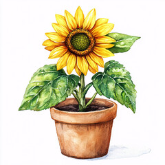 Obraz premium Bright sunflower in a pot with green leaves.