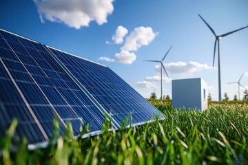Solar Panel Array and Wind Turbines in a Green Field Under a Bright Blue Sky Representing Sustainable Energy and Clean Power Generation
