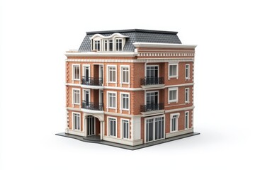 Fototapeta premium House Building Isolate on White Background - Elegant brick apartment building, isolated on white. Symbolizing homeownership, investment, architecture, urban living, and real estate