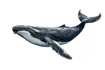 Humpback Whale Ocean Mammal - A majestic humpback whale gracefully swims, isolated on a pristine white background. Perfect for marine life, wildlife, or ocean-themed projects
