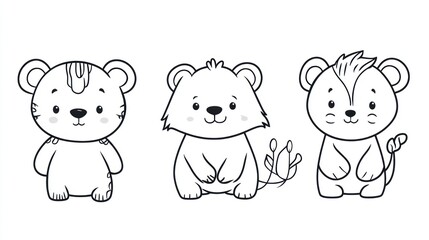 Obraz premium Cute cartoon animals, tiger, lion, and lion cub illustrations, outlined, simple, friendly, in black and white.