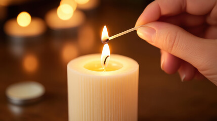 Candle wick match lighting event indoor setting close-up image calm atmosphere steady hands concept