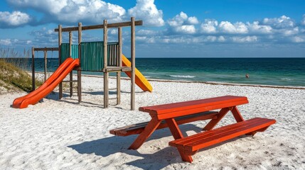 Beach Playground and Picnic Table on Sunny Day