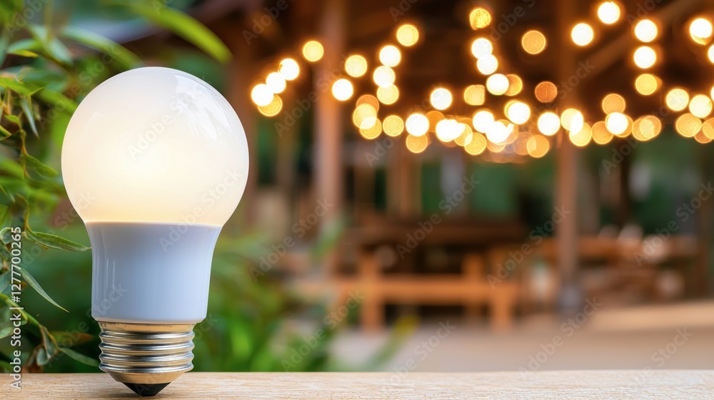 Poster luminous led bulb illuminating wooden surface against blurred background with string lights