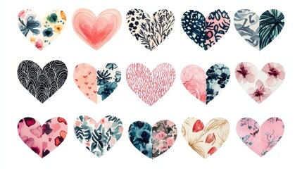Artistic collection of heart cutouts in different styles--hand-drawn, watercolor, and digital patterns--perfectly isolated on white