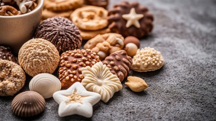 Assorted Delicious Chocolate and Vanilla Cookies on Grey Background