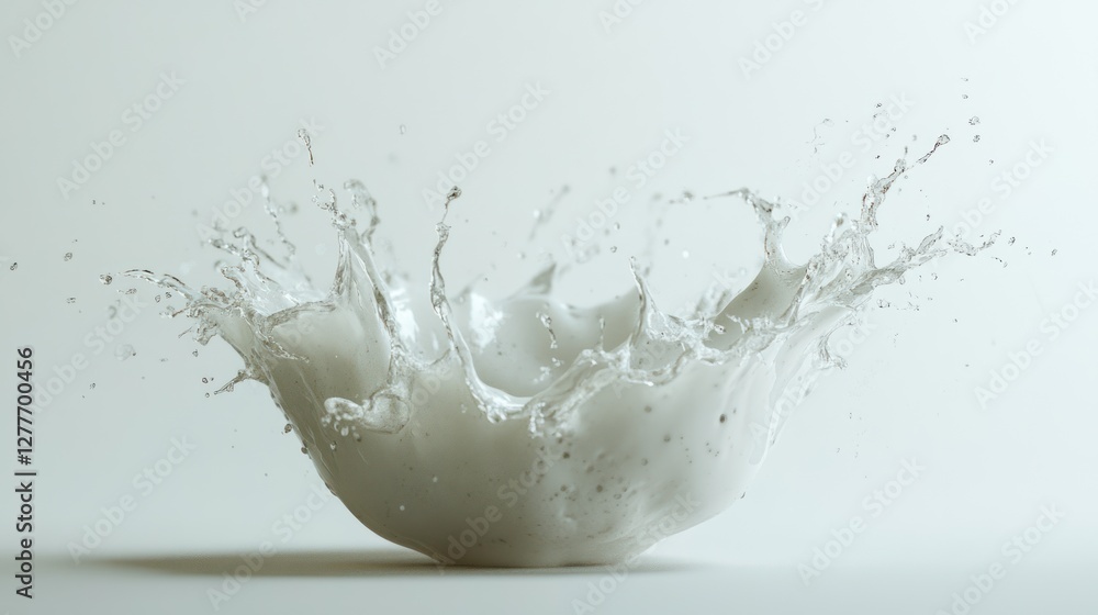 Poster an artistic splash of white liquid captured mid-air against a minimalistic background, creating a dy