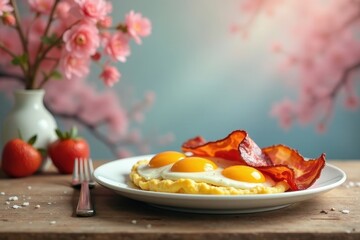 Delightful breakfast featuring fried eggs and crispy bacon served on a golden crust, accompanied by fresh strawberries and a vase of blossoming flowers