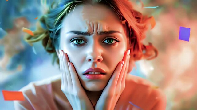 たくさんの舞い落ちる付箋紙と混乱する若い女性