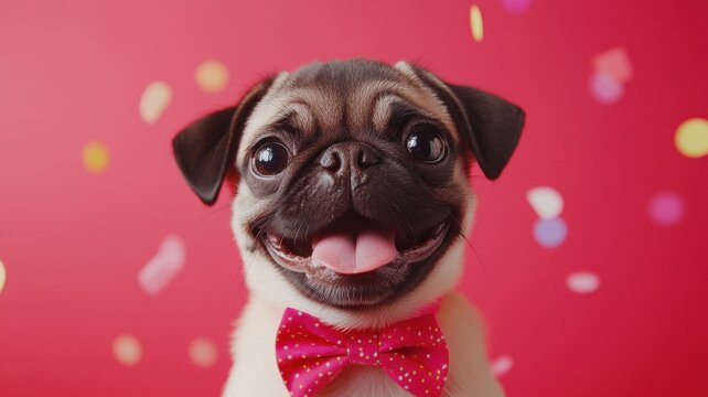 Charming chubby pug puppy celebrating birthday bright red background cute pet photography joyful atmosphere - Powered by Adobe