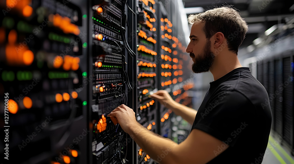 Poster technician managing high-tech server room operations for data storage