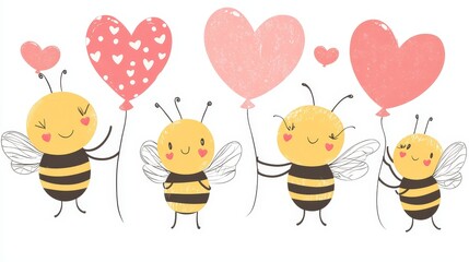 Obraz premium Assorted bee illustrations in a Valentine's theme, featuring cute bees holding heart-shaped balloons, cut out on an isolated white background