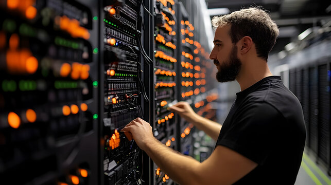 Technician Managing High-Tech Server Room Operations for Data Storage