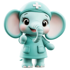 Fototapeta premium Adorable 3D Render of a Baby Elephant Dressed as a Doctor, Smiling and Wearing a Teal Scrubs Uniform