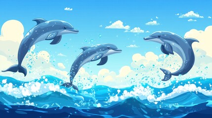 Obraz premium Three Dolphins Leaping Joyfully Over Ocean Waves Under a Sunny Sky
