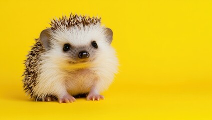 A cute hedgehog sitting on a vibrant yellow background, showcasing its quills