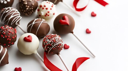 Assorted chocolate-dipped cake pops with Valentine's-themed decorations, red and white ribbons, isolated white backdrop