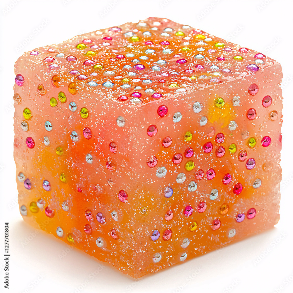 Poster sparkling orange cube adorned with colorful gems.