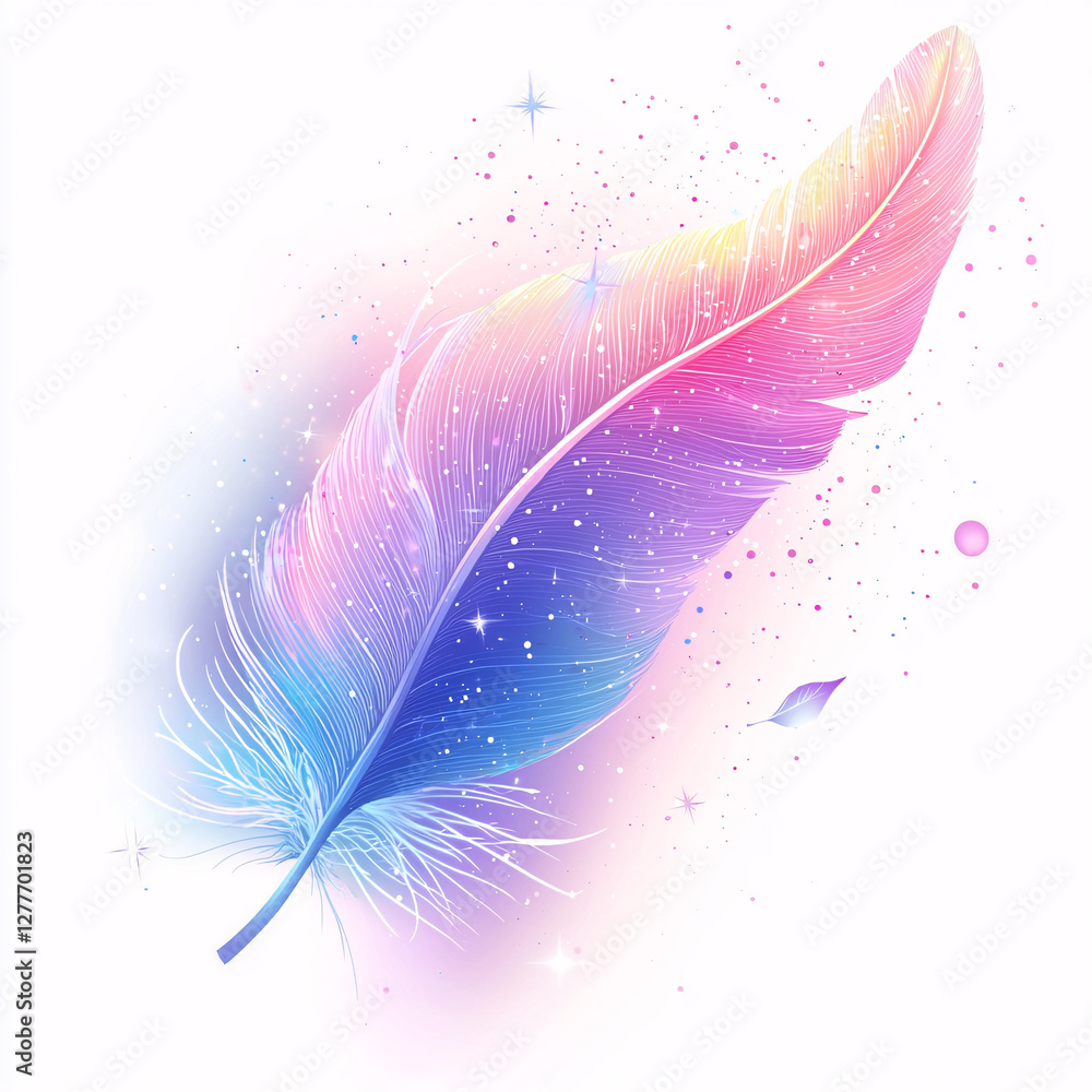 Poster colorful feather with a gradient and sparkling effects.