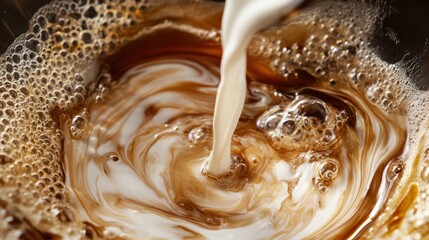 Delicious creamy coffee swirls with frothy textures, illustrating the perfect blend of milk and coffee for an inviting beverage experience.