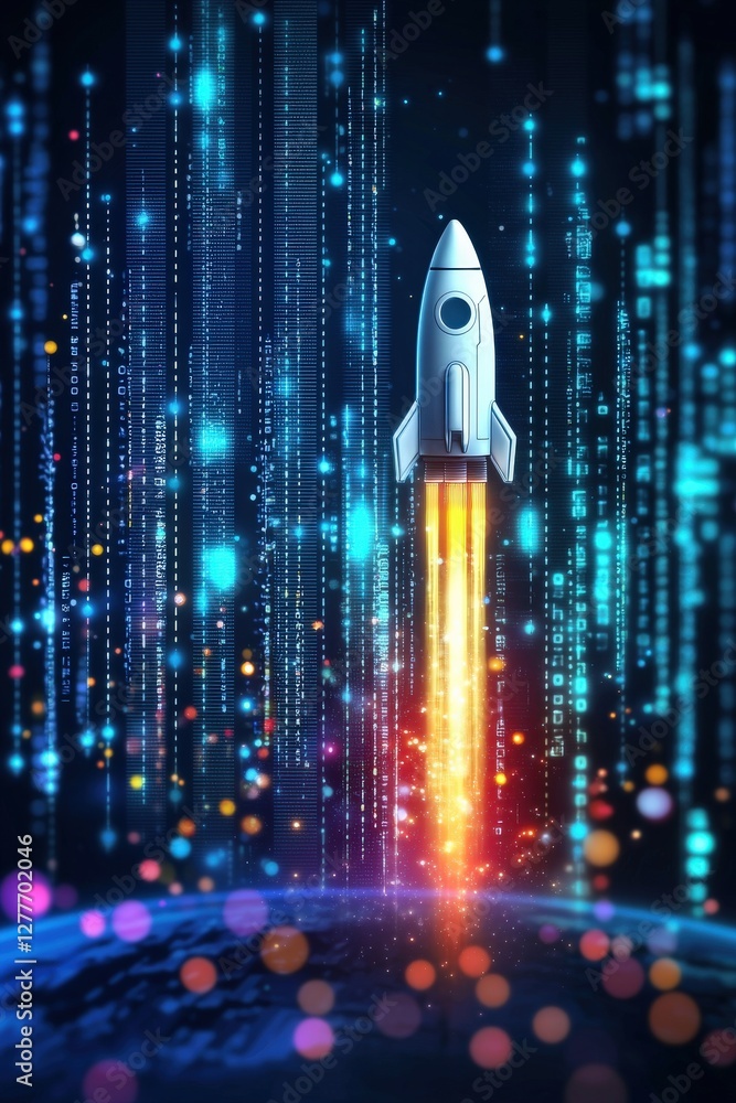 Aufkleber digital rocket launch with colorful binary background