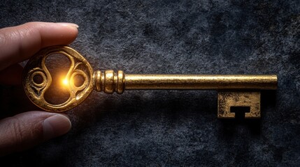 Glowing golden key held in professional hand dark background macro photography creative concept