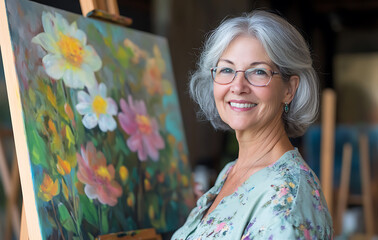 Senior woman painting, expressing healthy aging secrets through art, encouraged by supportive health network, supporting body detoxification processes via creativity. 