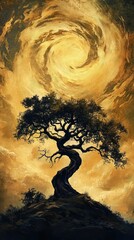 A solitary dark tree stands against a swirling golden sky