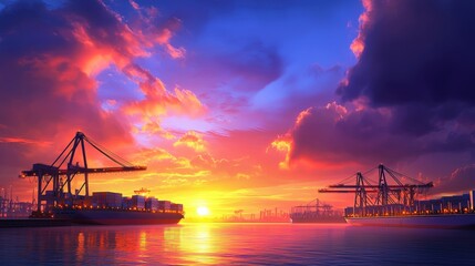 Fototapeta premium A vibrant sunset casts colorful reflections on the water, with cargo ships and cranes silhouetted against a dramatic sky.