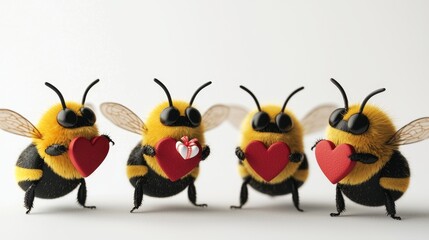 Naklejka premium Assorted cute bees with heart-shaped wings, vibrant yellow and black stripes, holding tiny Valentine gifts, isolated on a white background