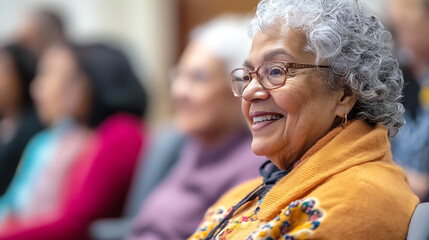 Seniors attending a lecture, learning healthy aging secrets, engaging with supportive health network, understanding body detoxification processes through knowledge. 