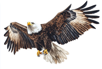 Obraz premium Majestic Bald Eagle in Flight - A stunning bald eagle soars with wings outstretched against a pristine white background. Its powerful presence is captivating