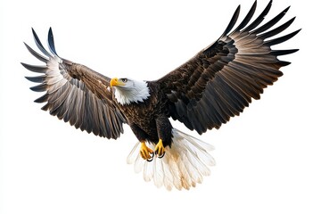 Obraz premium Majestic Bald Eagle in Flight - A stunning bald eagle with wings spread wide, isolated on a white background. Perfect for nature, wildlife, and freedom themes