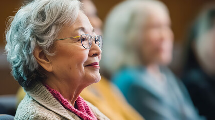 Seniors attending a lecture, learning healthy aging secrets, engaging with supportive health network, understanding body detoxification processes through knowledge. 