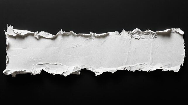 Torn white paper with frayed edges isolated on black background for creative design minimalist style