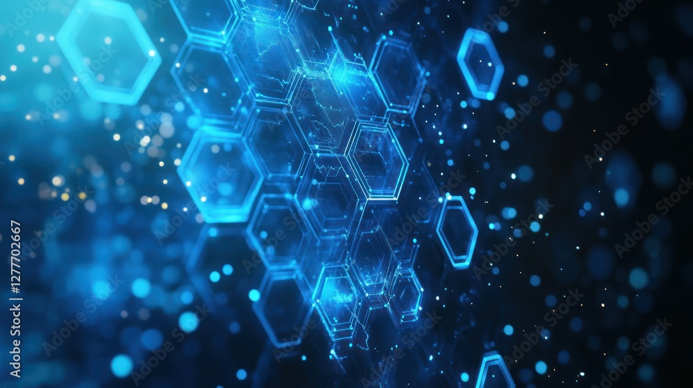 Poster Futuristic hexagonal patterns illuminate in a digital space, representing connectivity and innovation in technology. A mesmerizing blend of blue lights.