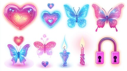 Assorted fairytale Valentine's cutouts including heart-shaped candles, glowing neon butterflies, and enchanted locks, neatly isolated on a white background