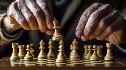 Seniors playing chess, healthy aging secrets discovered, connected by supportive health network, emphasizing body detoxification processes via mental stimulation. 