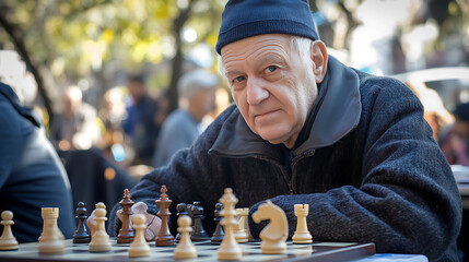 Seniors playing chess, healthy aging secrets discovered, connected by supportive health network, emphasizing body detoxification processes via mental stimulation. 