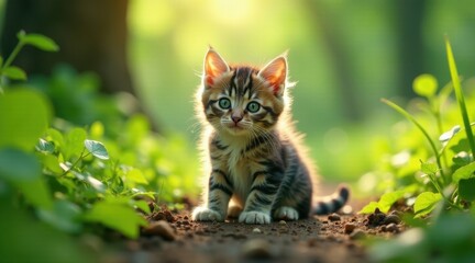 Fototapeta premium Adorable Kitten in Lush Green Foliage, Basking in the Warm Sunlight of a Spring Day