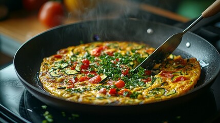 A vibrant vegetable omelette being cooked in a pan, garnished with herbs and tomatoes.