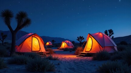 Illuminated Desert Camping Under a Starry Sky A Tranquil Nighttime Scene with Several Lighted Tents in a Remote, Arid Landscape