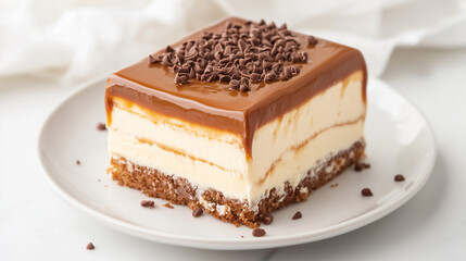 Sweet Indulgence: A decadent square pastry sits on a pristine white plate. The pastry features multiple layers of textures with chocolate sprinkles on top. 