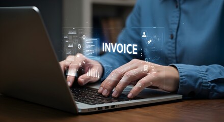 E-Invoice and online digital statements concept. Businessman working with invoice, financial technology,, financial icons, billing, payment processing, scheduling, tax management, modern e-invoicing, 