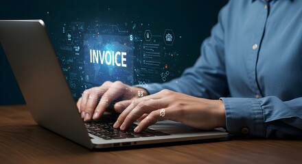 E-Invoice and online digital statements concept. Businessman working with invoice, financial technology,, financial icons, billing, payment processing, scheduling, tax management, modern e-invoicing, 