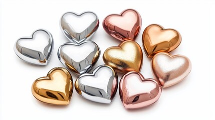 Assorted metallic hearts with glossy reflections, gold, silver, and rose gold tones, elegant style, isolated white background
